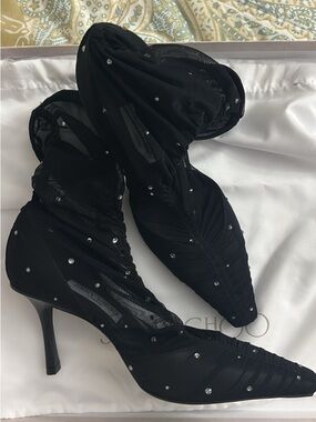 Jimmy Choo Black Sheer Ruched Stiletto Heels with Crystal Accents